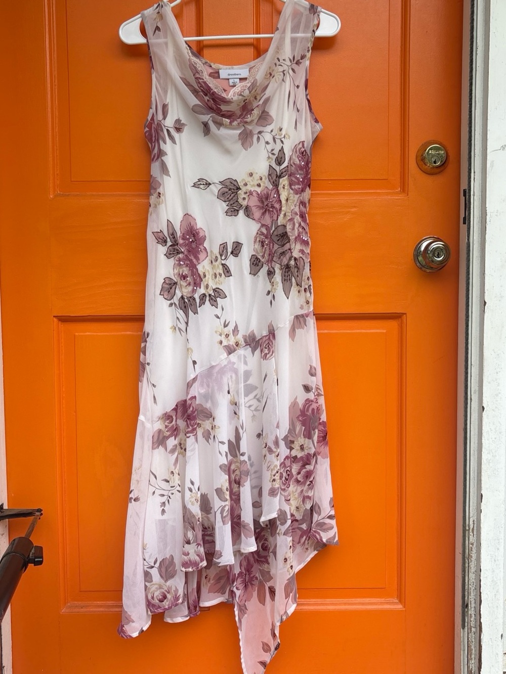 Dress Barn White Chiffon Asymmetrical Dress with Sequin Floral details